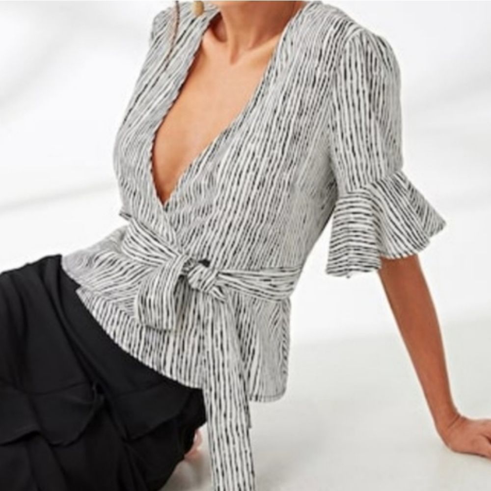 Pinstripe Wrap Tie Waist Blouse - Picture 3 of 6
